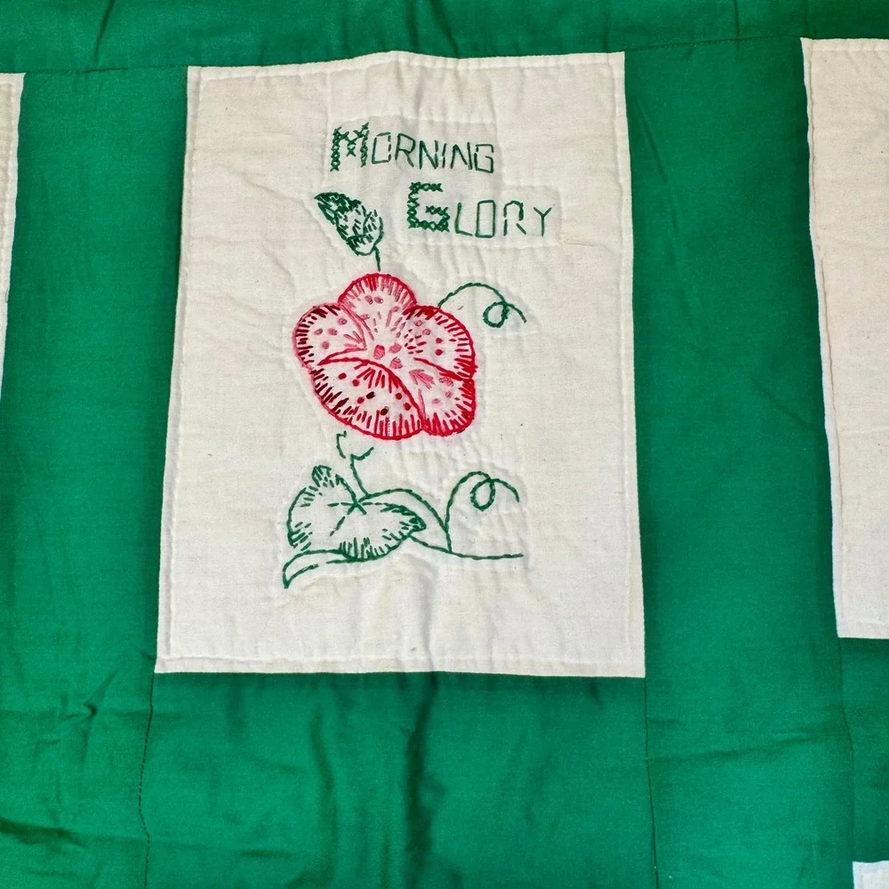 Vintage Handmade Embroidered Floral Quilt Wall Hanging Green Botanical Garden